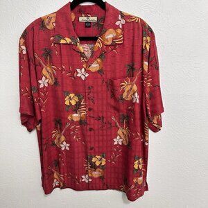 Tommy Bahama Shirt Men L Pink Orange Silk Floral Guitar Aloha Dad Vacation Music